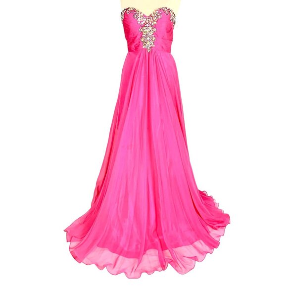 Strapless Barbie Pink Gown 4 Rhinestone Embellished Flowing Chiffon Skirt Prom - Picture 2 of 12